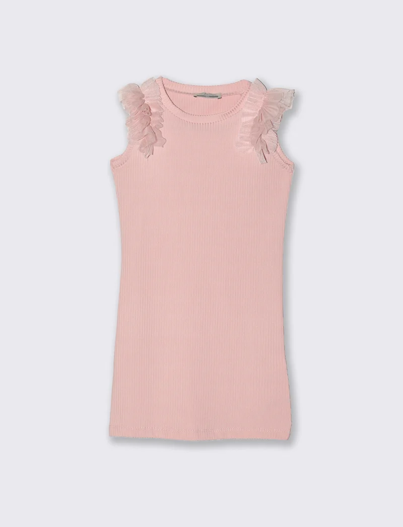 Abito in costina elastica con rouches in tulle sulle spalle. - Rosa