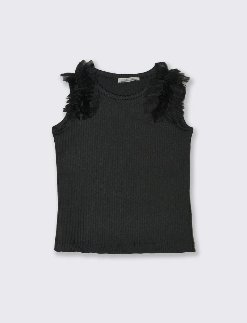 Canotta in costina elastica con rouches in tulle sulle spalle. - Nero