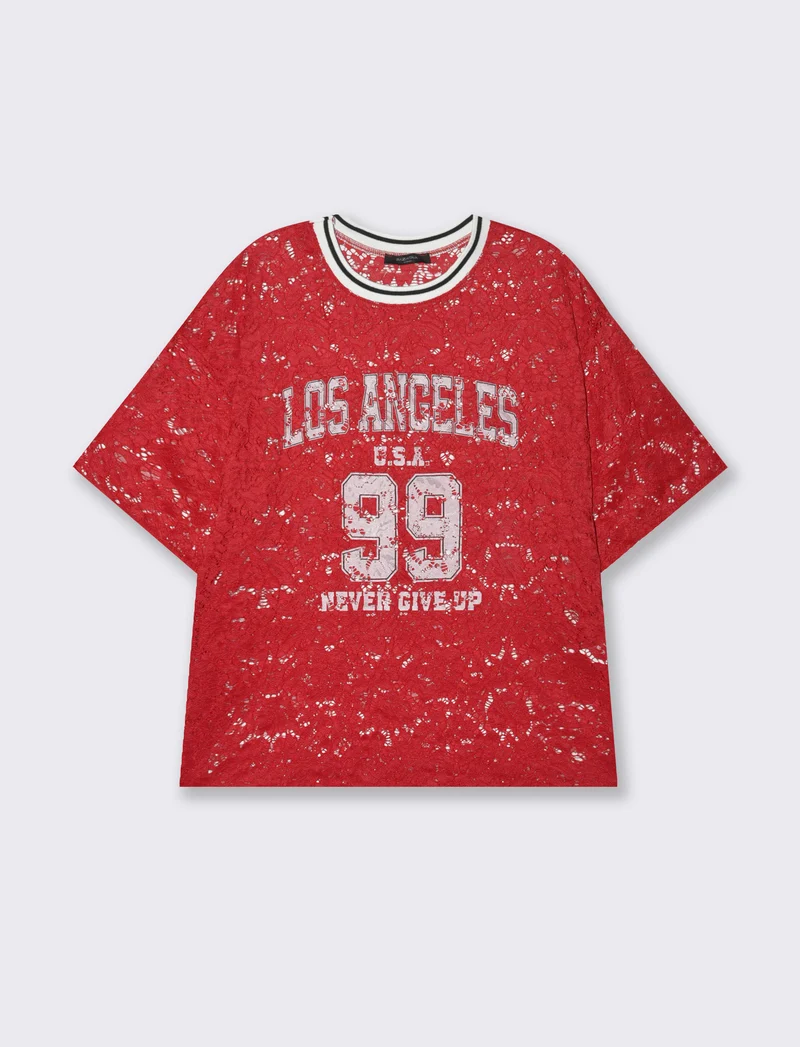 Tshirt in pizzo con stampa sul davanti - Rosso