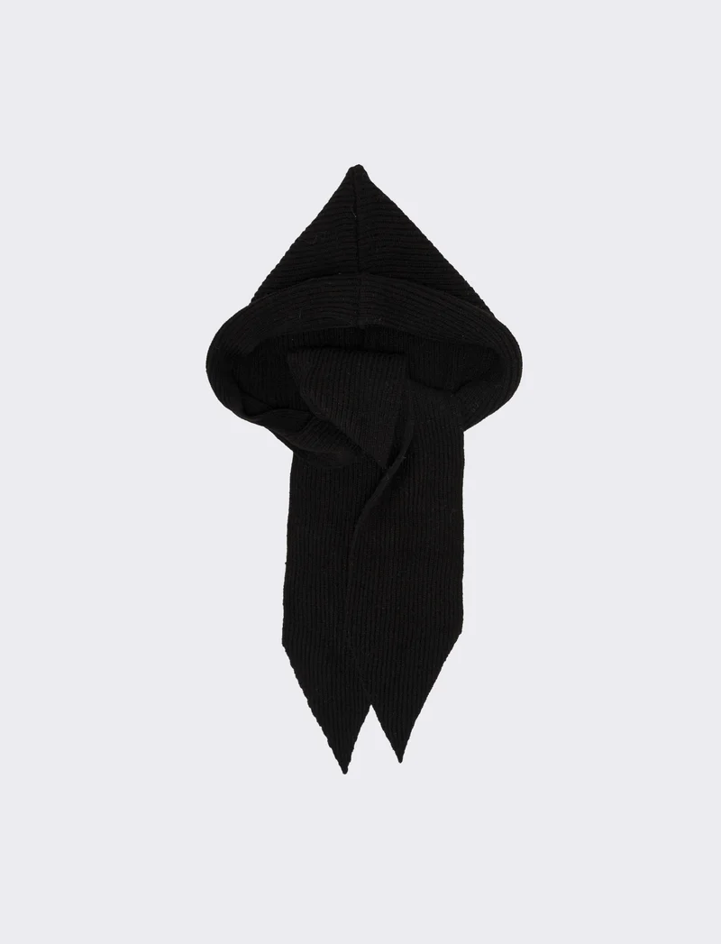 Cappello sciarpa in maglia a costine - Nero