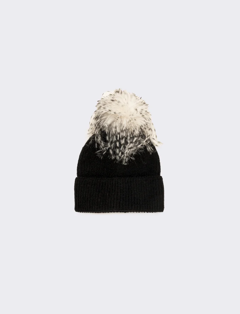 Cappello con pon pon pelo lungo donna - Nero