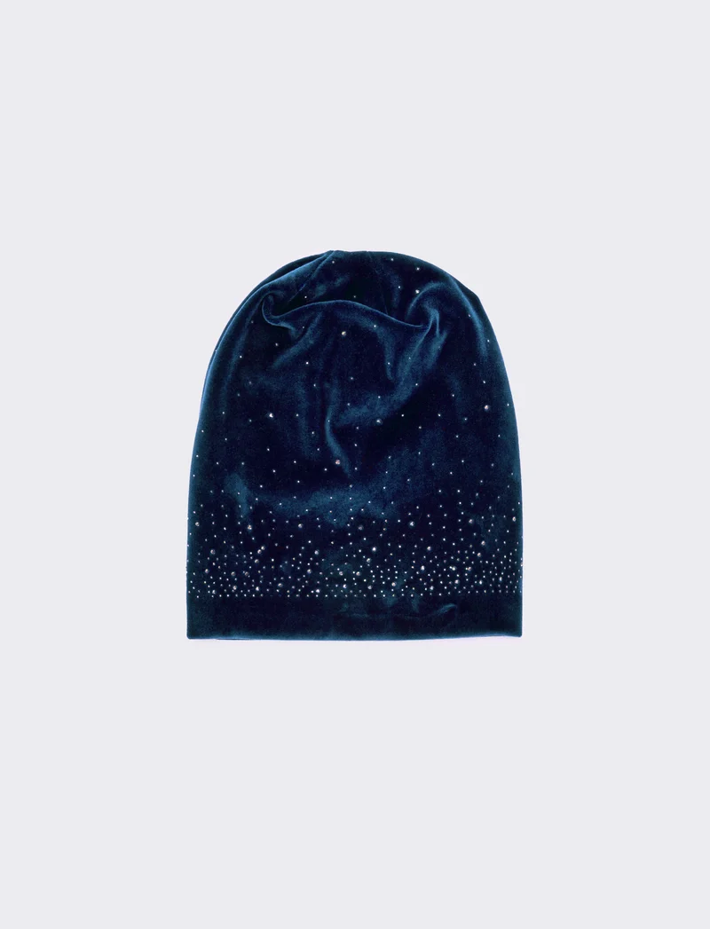 Cappello cuffia in velluto con strass - Blu