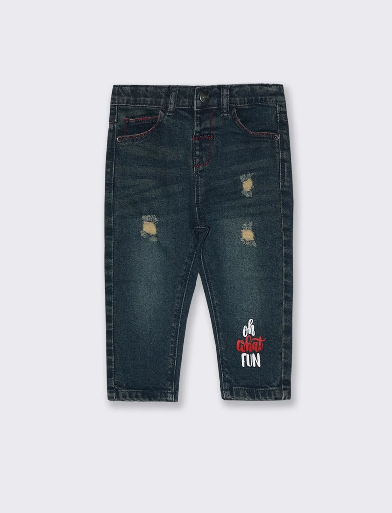 Jeans con rotture e ricamo frontale - Denim