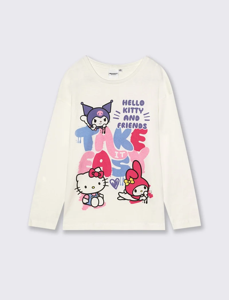 T-shirt manica lunga in cotone con stampa Hello Kitty and friends - Bianco