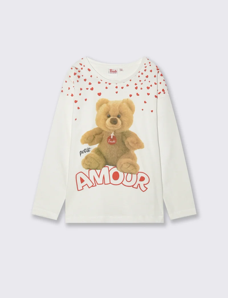 T-shirt manica lunga in cotone con stampa orsetto Trudi - Bianco