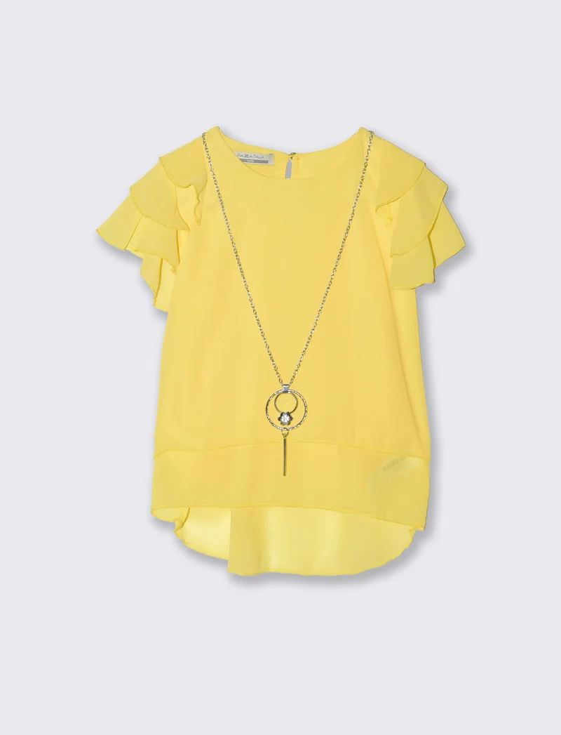 T-shirt mezza manica estiva da bambina con collana. - Giallo