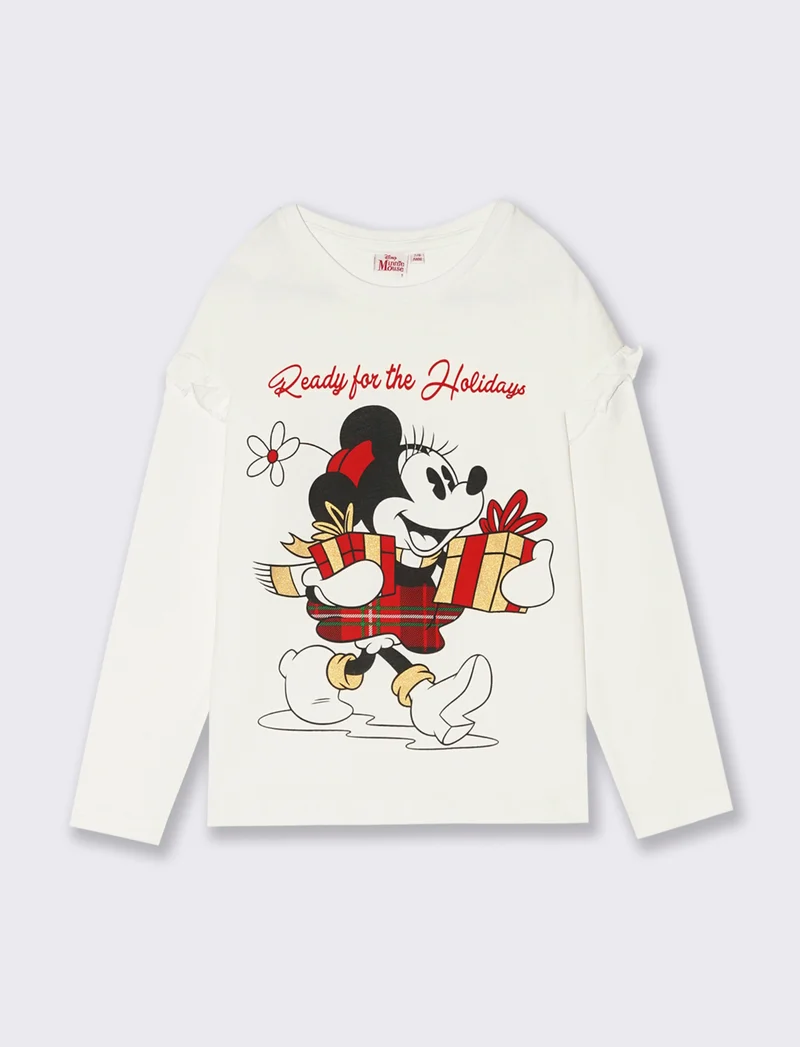 T-shirt manica lunga con stampa natalizia Disney Minnie. - Bianco