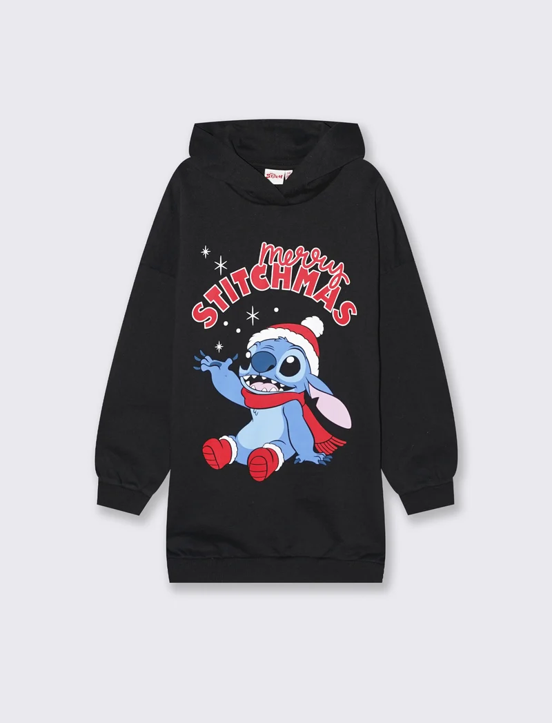 Abito in felpa con cappuccio con stampa natalizia Stitch. - Nero