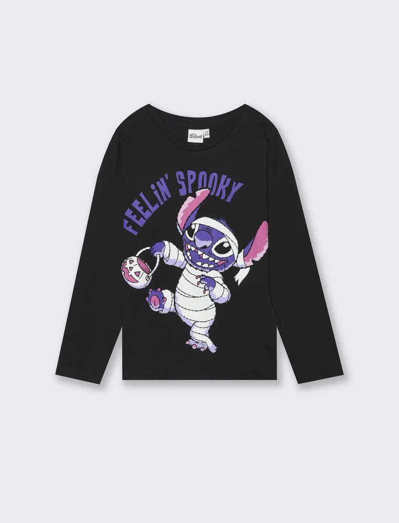 T-shirt manica lunga con stampa Stitch tema Halloween - Nero