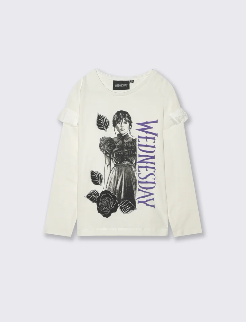 T-shirt manica lunga con rouches e stampa Wednesday - Bianco
