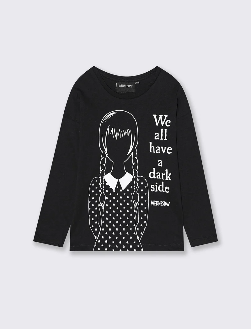 T-shirt manica lunga con stampa Wednesday - Nero
