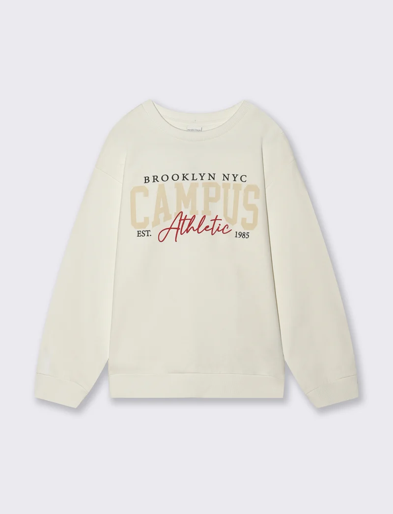 Felpa basic in cotone con stampa sportiva - Bianco latte