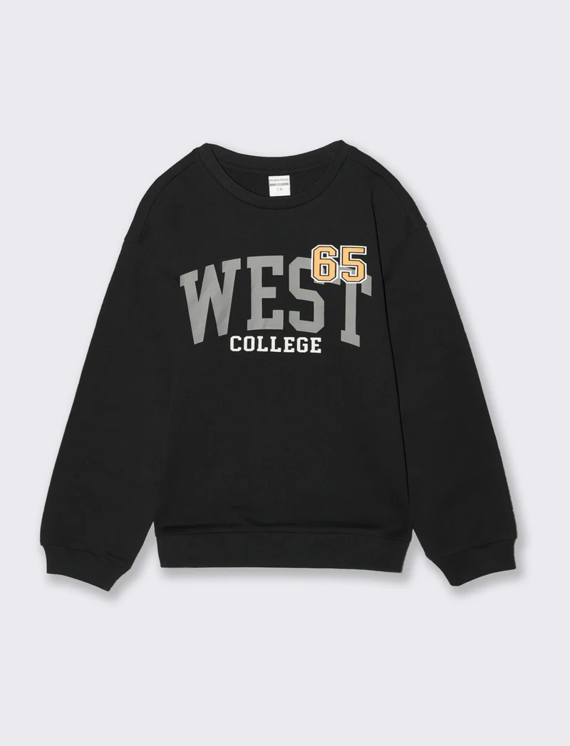 Felpa basic in cotone con stampa sportiva - Nero