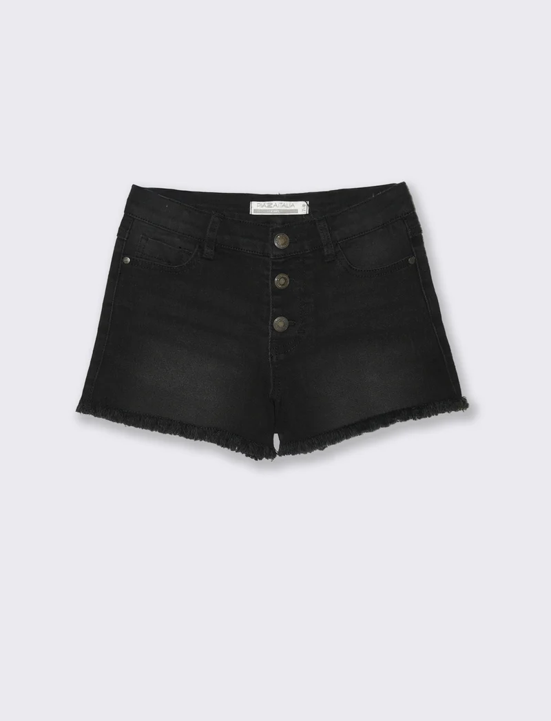 Short denim elastico con tasche a cuore - Nero