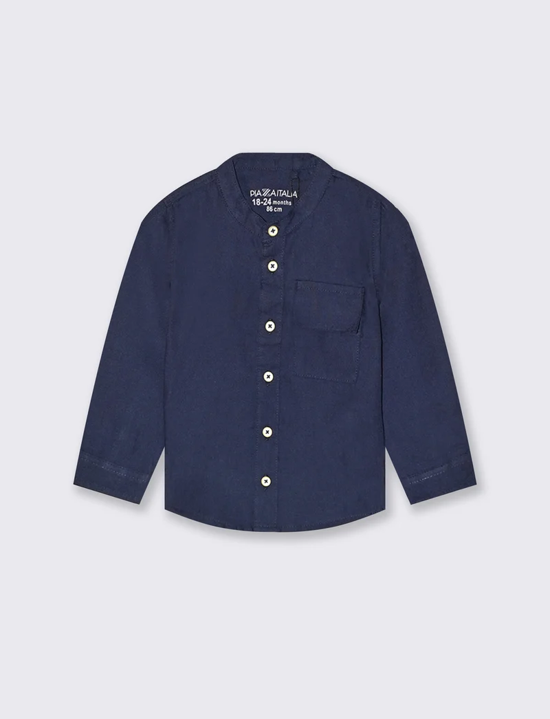 Camicia coreana manica lunga tinta unita - Blu