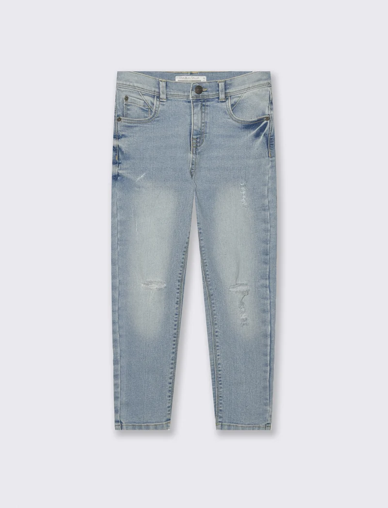 Jeans 5 tasche con rotture e vita elastica - Denim chiaro