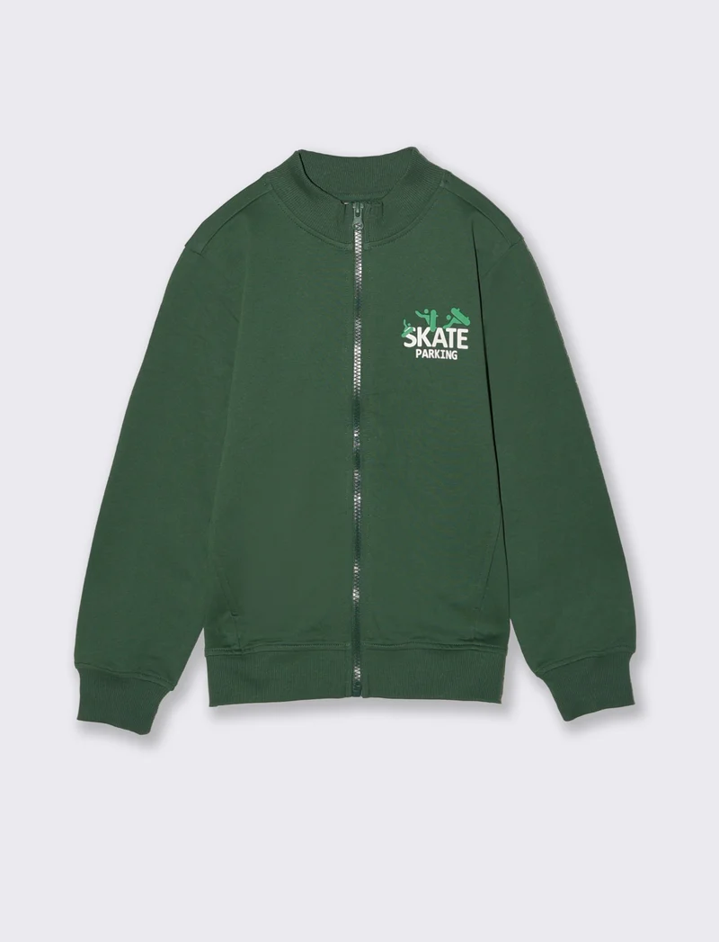 Felpa aperta in cotone con zip - Verde abete