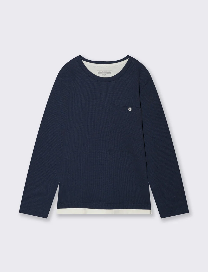 Maglia waffel tinta unita con tascone - Blu