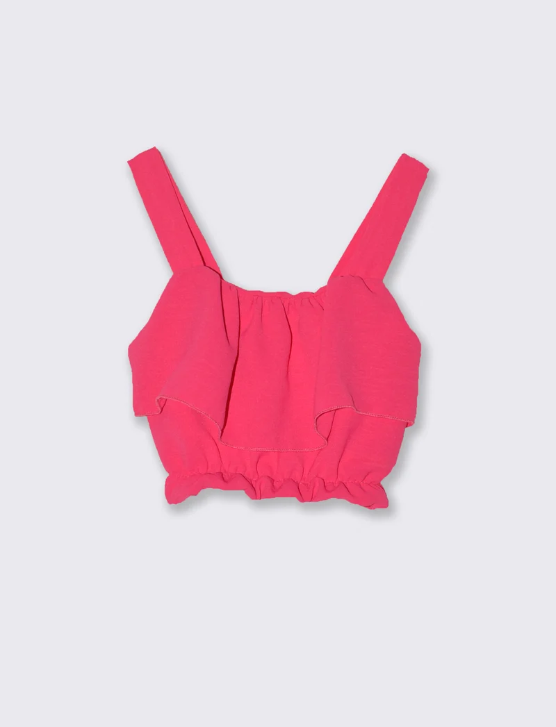 Top corto con balza in tessuto leggero. - Fuxia