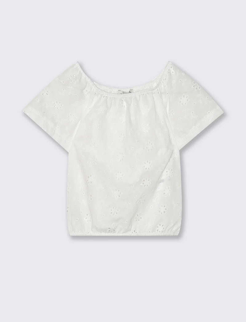 T-shirt mezza manica in pizzo san gallo. - Bianco