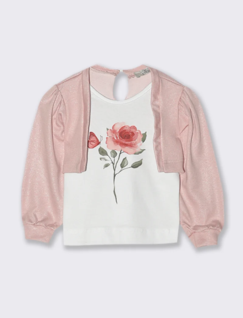 T-shirt elegante manica lunga da neonata con cardigan cucito. - Rosa