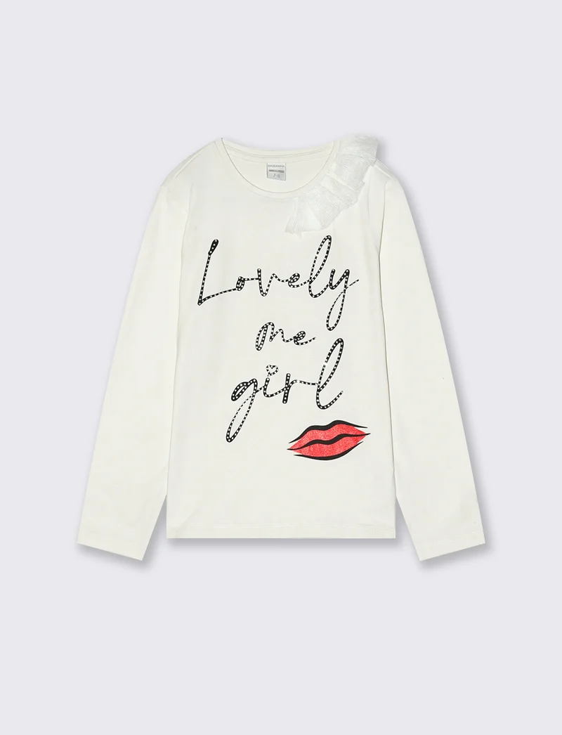 T-SHIRT CON ROUCHES - Bianco latte