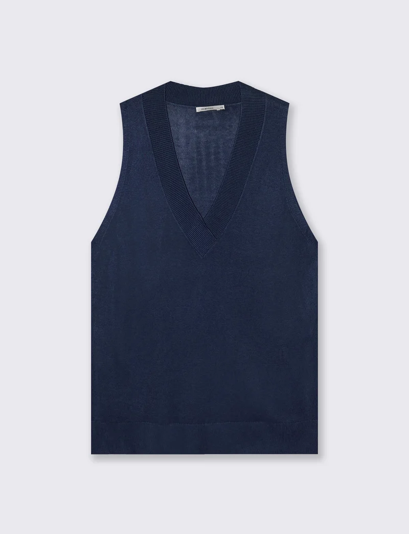 Gilet lungo con scollo a V e spacchi laterali - Blu