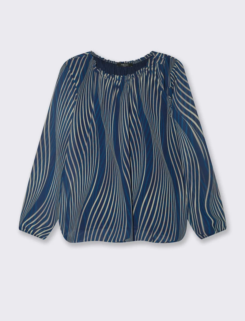Blusa ampia in tessuto leggero con stampa e fiocco su una spalla. - Blu
