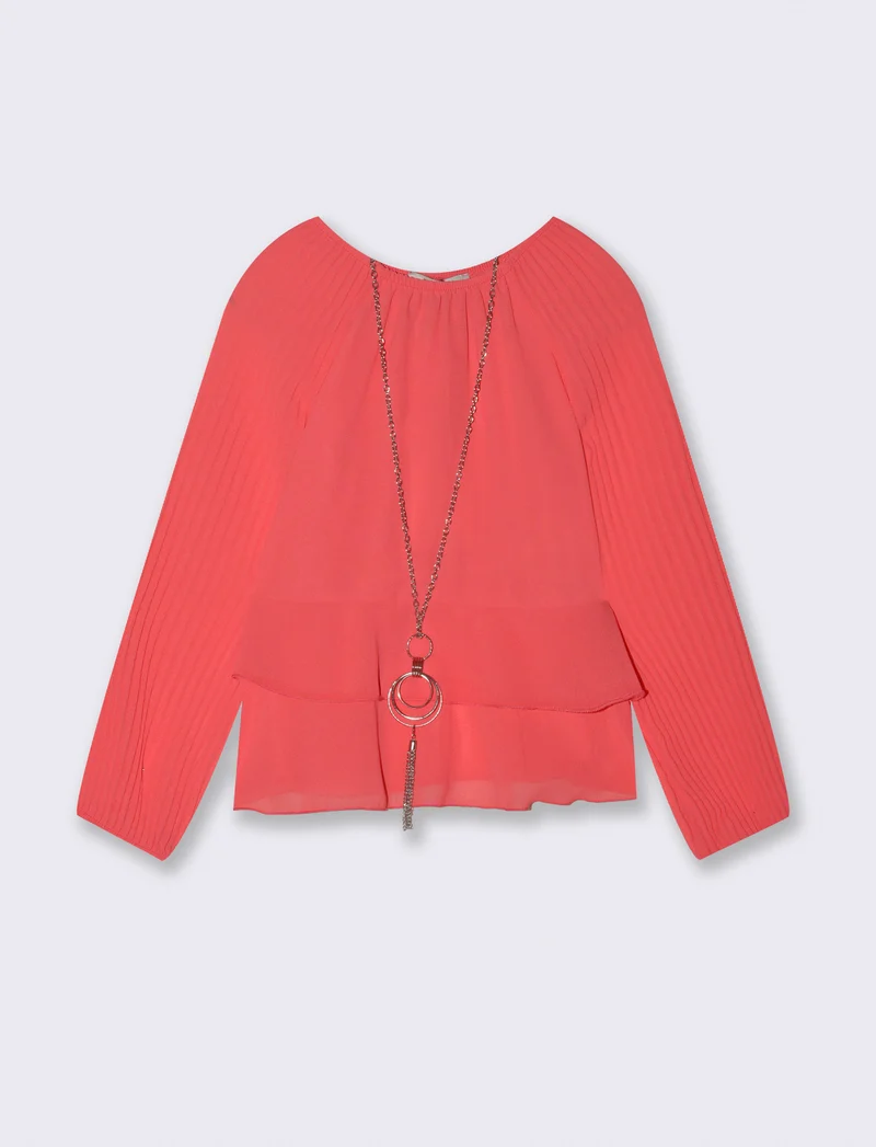 Blusa da bambina con maniche plissé. - Corallo