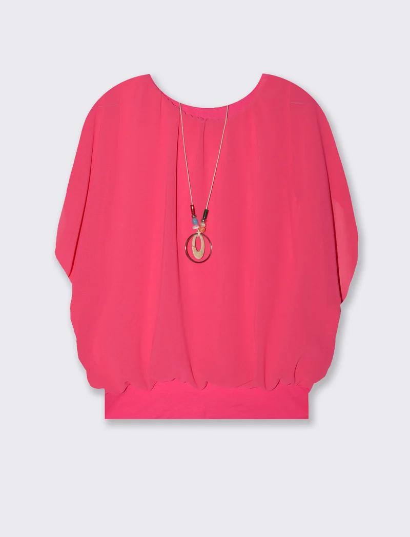 Casacca smanicata in tessuto leggero con collana - Fuxia