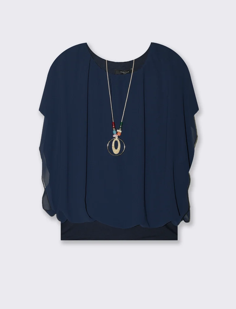 Casacca smanicata in tessuto leggero con collana - Blu