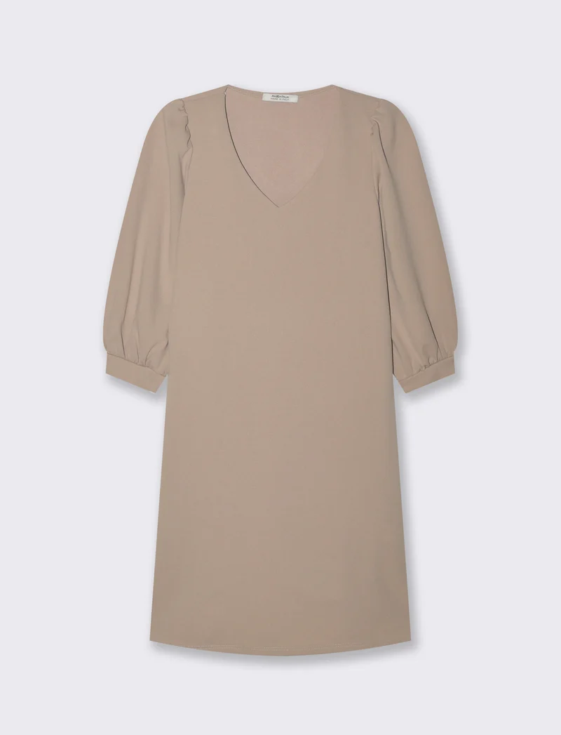 Vestito con maniche a sbuffo 3/4 e scollo a V - Beige