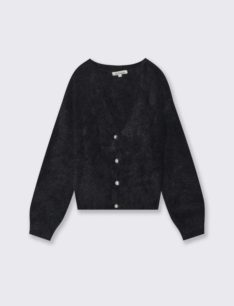 Cardigan in filato morbido con bottoni perlati. - Nero