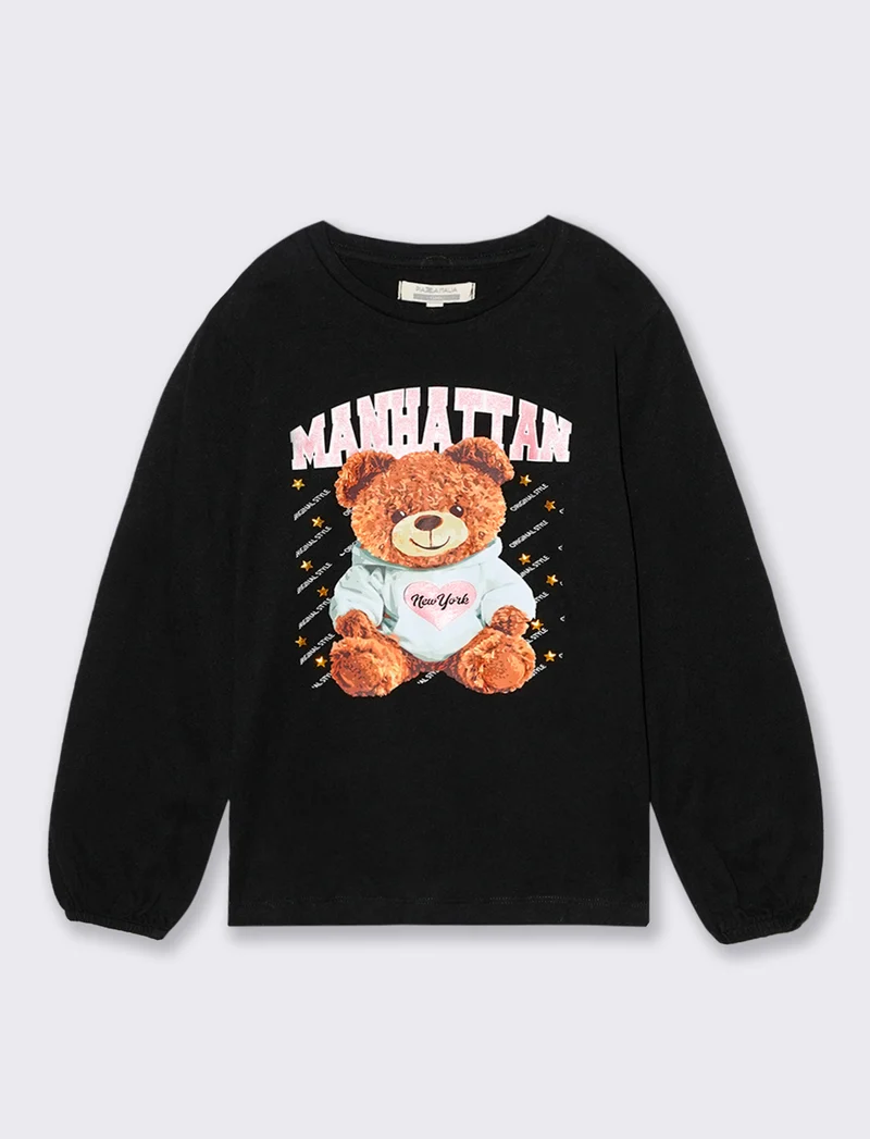 T-shirt manica lunga con stampa e accessori. - Nero