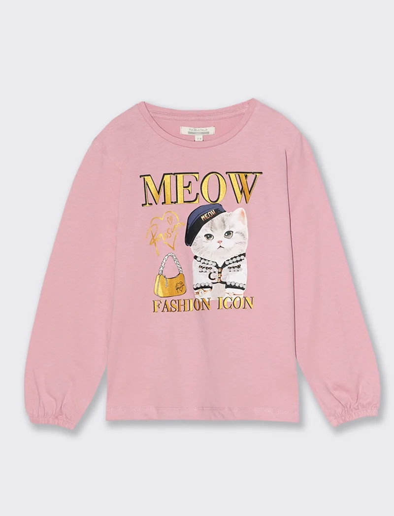 T-shirt manica lunga con stampa e accessori. - Rosa