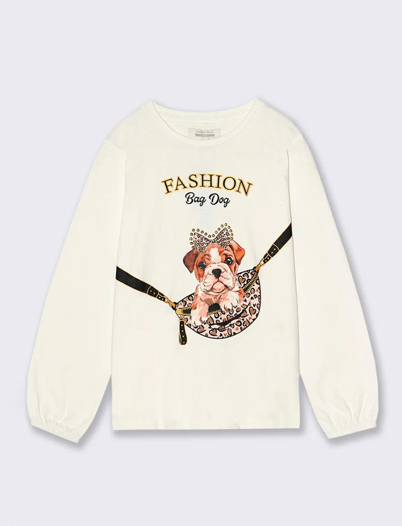 T-shirt manica lunga con stampa e accessori. - Bianco latte