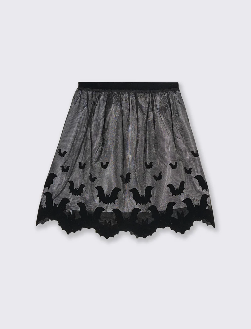 Gonna in tulle da bambina con stampa flock a tema Halloween. - Nero