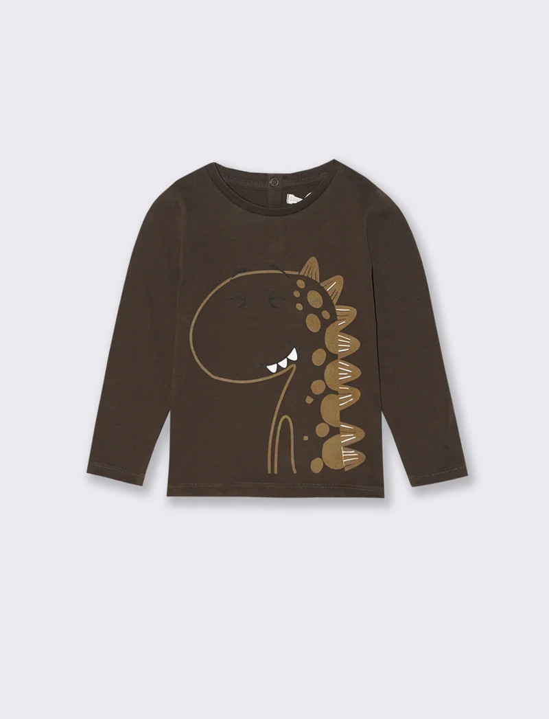 T shirt girocollo con dinosauro - Marrone
