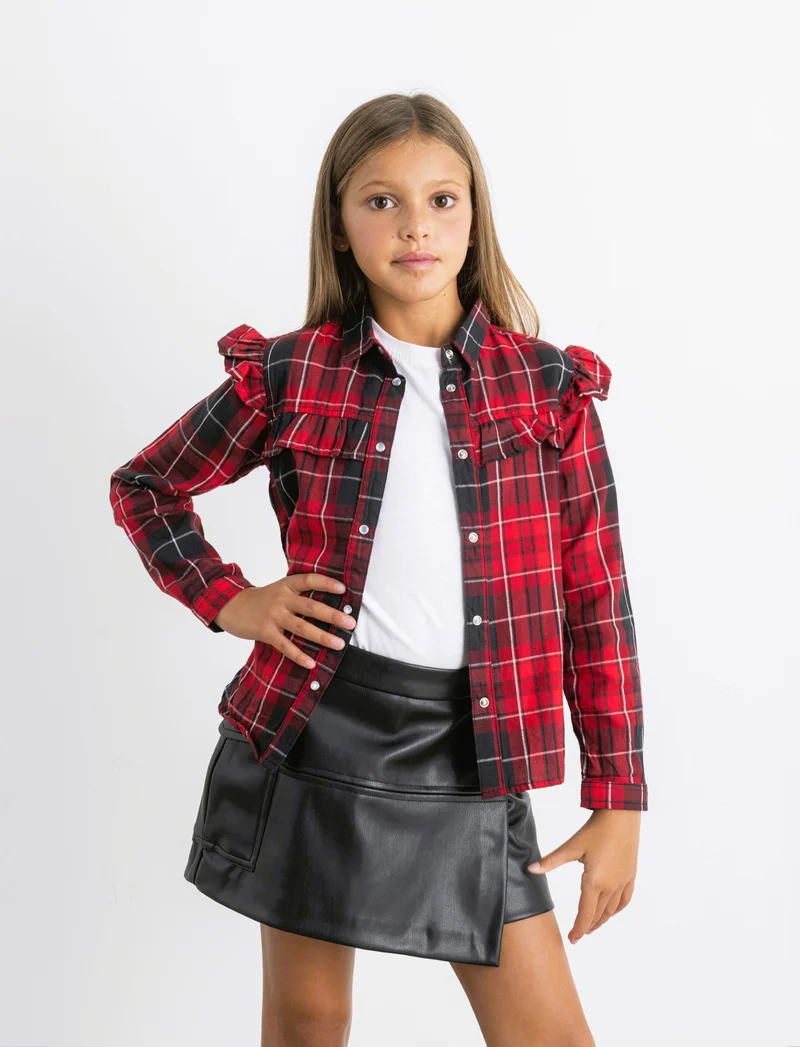 Camicia manica lunga in flanella con rouches. - Rosso