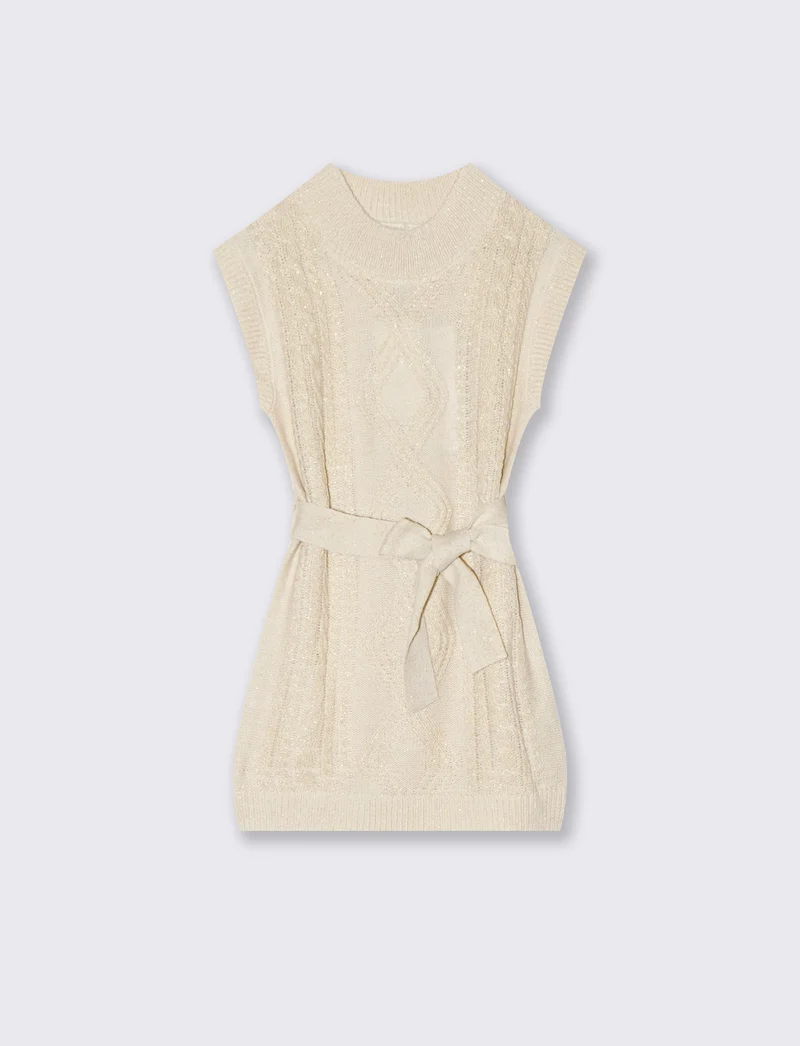 Vestito giromanica in maglieria da bambina. - Beige