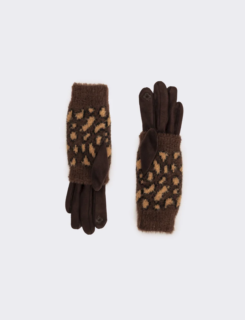 Guanto doppio unito con muffola leopardato donna - Marrone