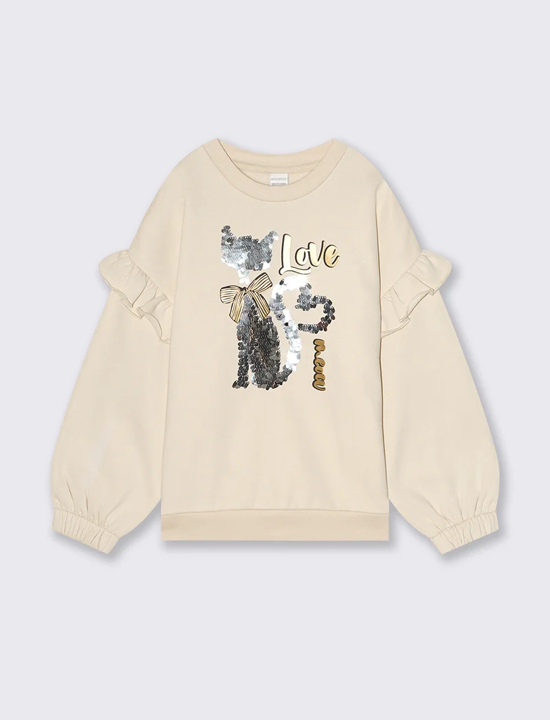 Felpa con stampa lucida e paillettes - Beige