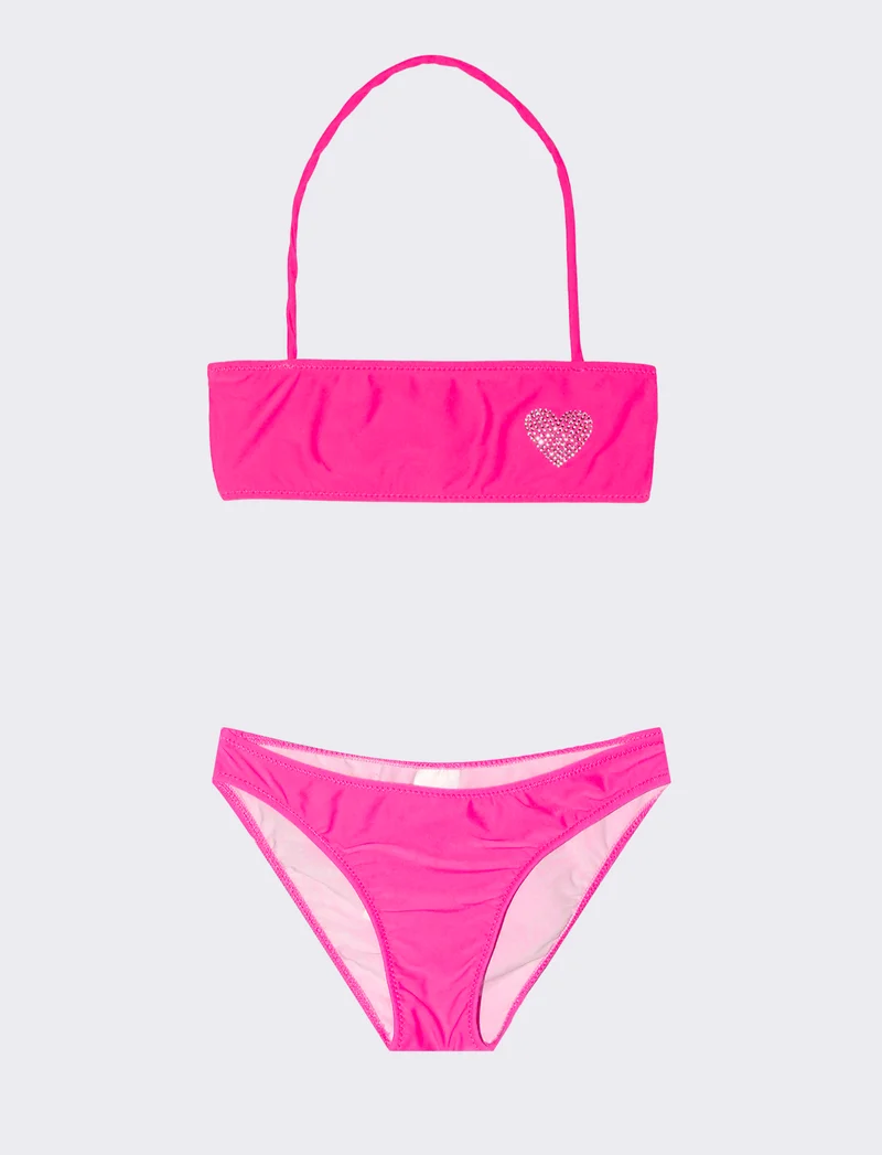 Bikini da bambina con decorazione in strass. - Rosa