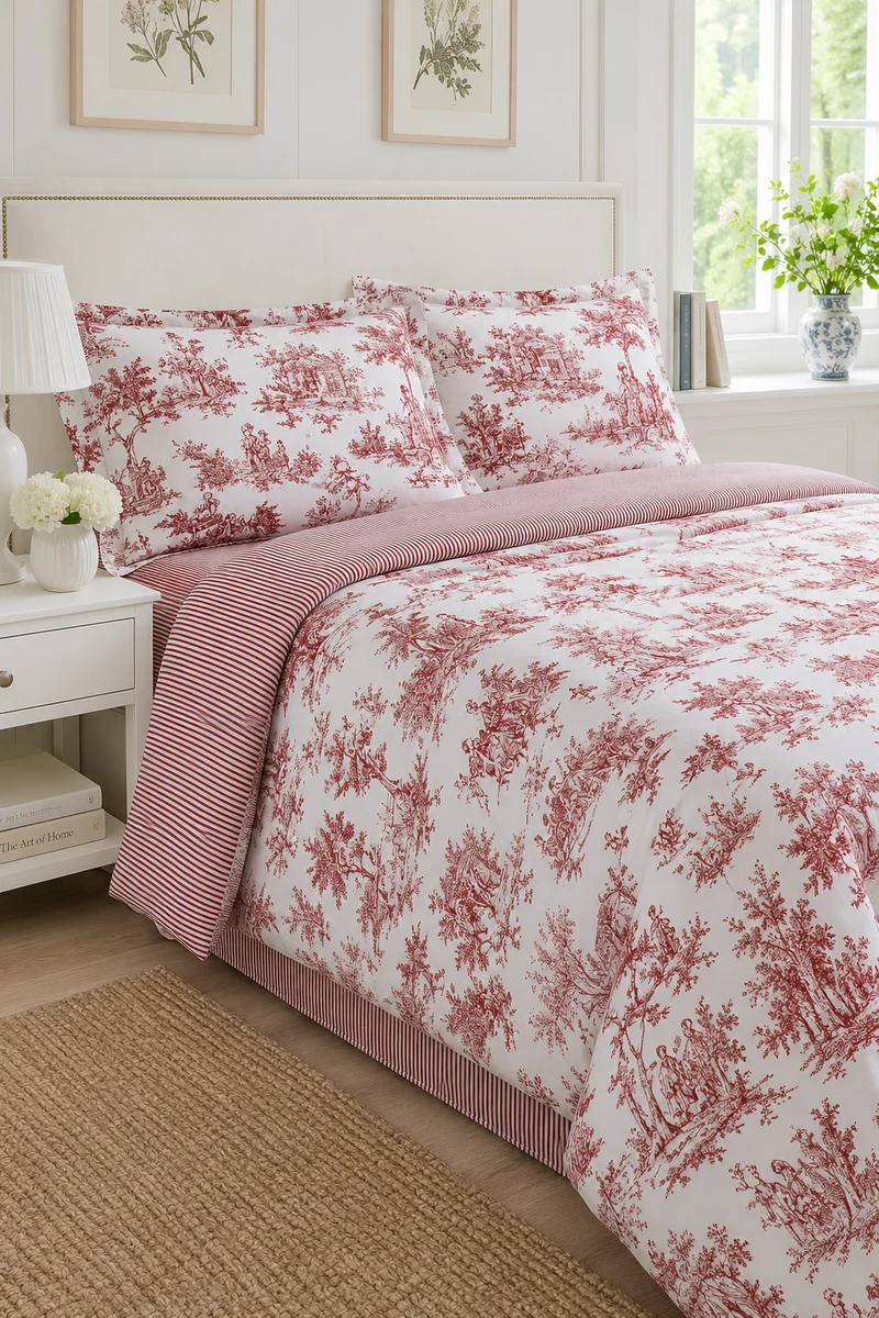 Completo Lenzuola Matrimoniale Toile Bordeaux 100% Cotone