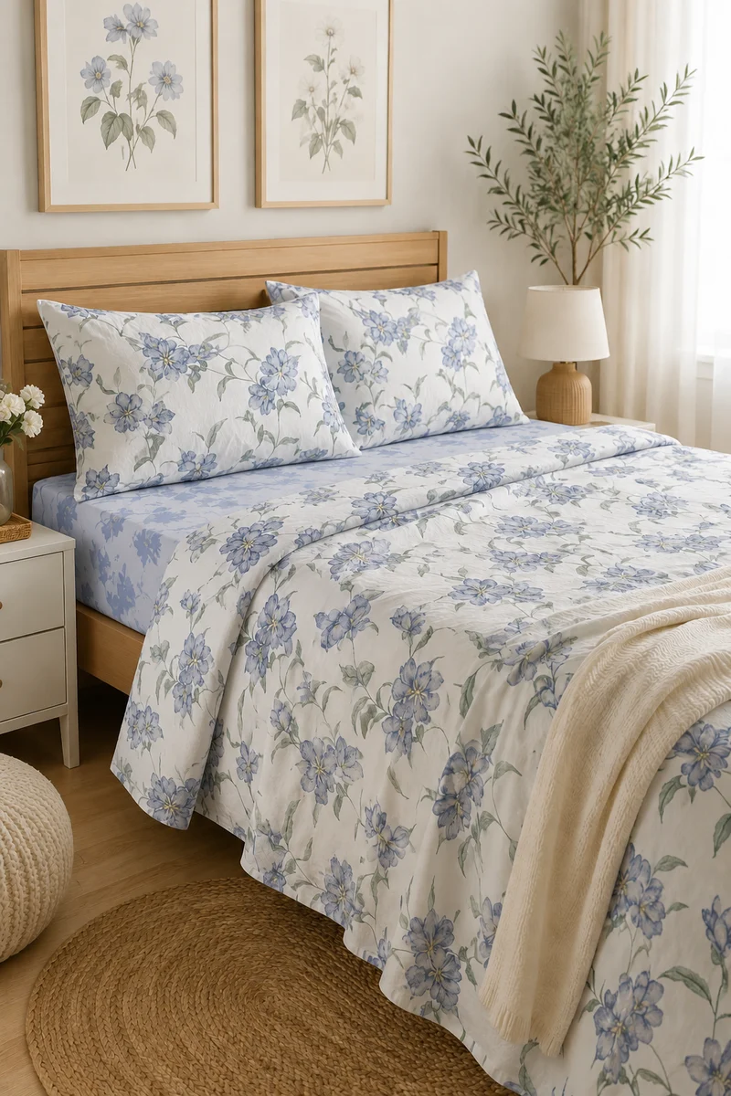 Completo Lenzuola Matrimoniale Magnolia Azzurro Fantasia Floreale