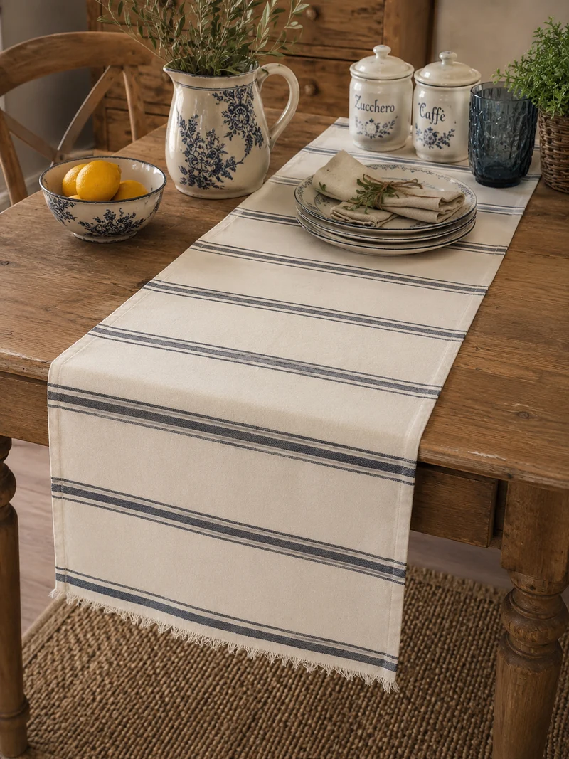 Runner da Tavola Vintage Country a Righe Blu su Fondo Beige Naturale