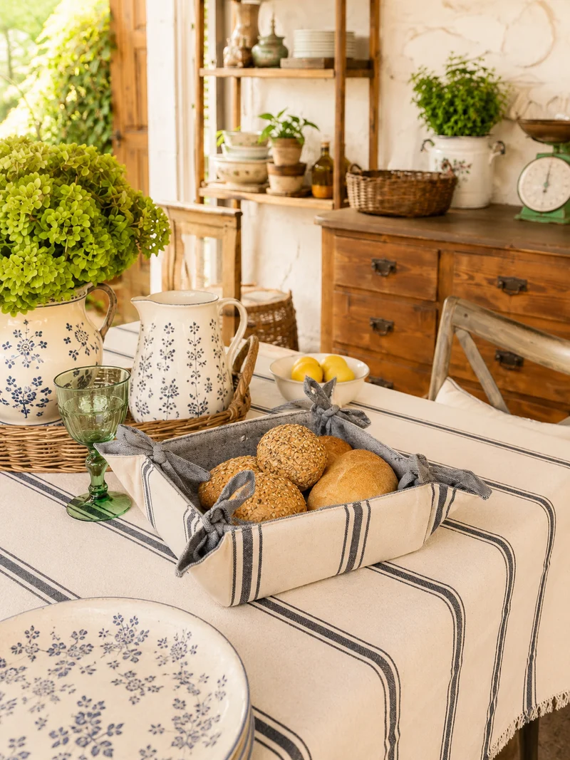 Cestino Portapane Vintage in Tessuto a Righe Beige e Blu