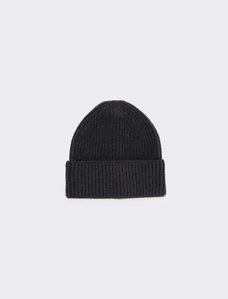 Cappello cuffia costine con risvolto - Nero