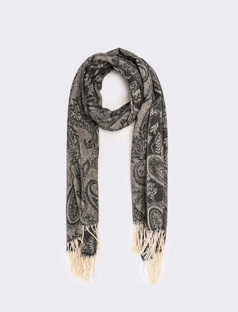 Sciarpa stampa paisley con frange - Nero