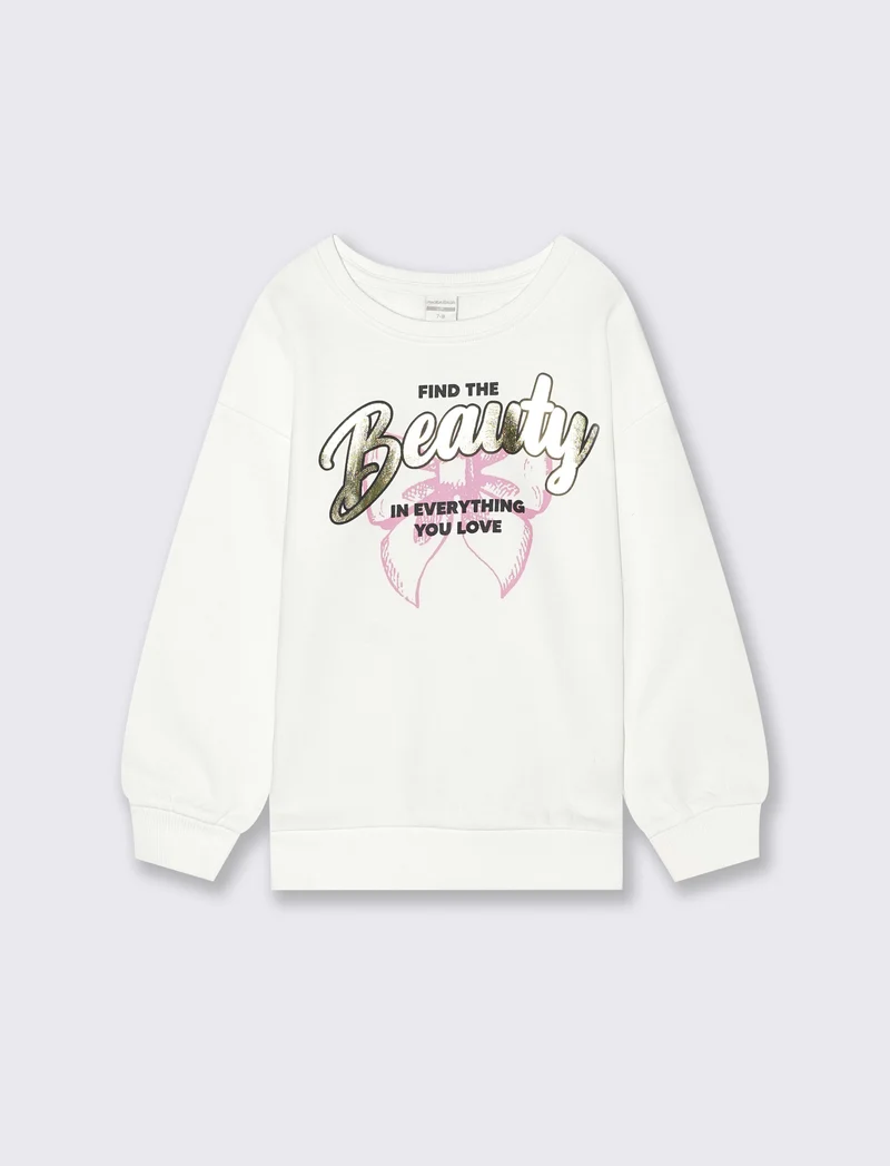 Felpa girocollo in cotone. - Bianco latte